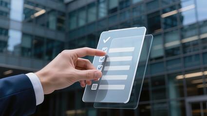 Hand interacts with a transparent digital checklist interface in front of a glass office building, visualizing business productivity, task management, and workflow control