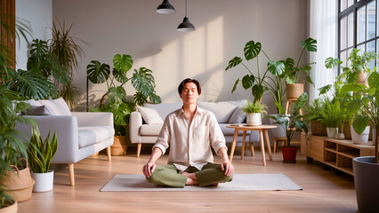 A man practices mindfulness and yoga in a cozy modern interior. The room is bathed in soft sunlight, creating an atmosphere of calm and harmony. The abundance of greenery (monsteras, ficus trees) emph