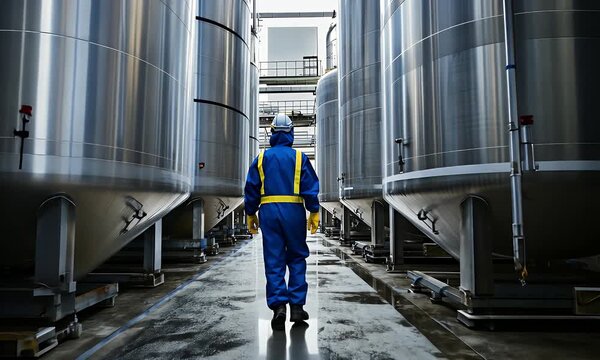 Industrial worker in blue safety gear walking through a narrow passage between large steel storage tanks in a modern factory.