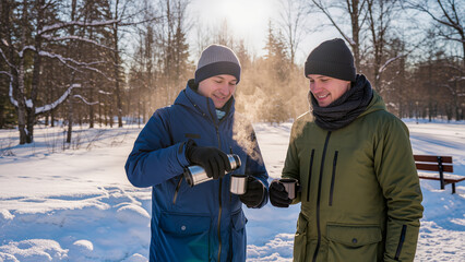 An atmospheric shot of winter leisure. Two friends in warm jackets and hats stand against a backdrop of snow-covered trees. One of them pours a hot drink from a steaming thermos. The sunlight and spar