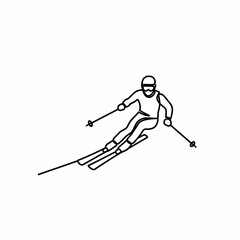 Skier in Motion on Slopes Downhill.