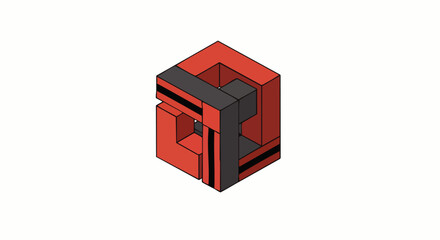 Obraz premium A complex red and black geometric puzzle cube, rendered in a clean isometric 3D style, represents intricate problem-solving and modern design challenges.
