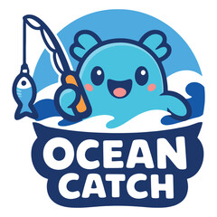 Cute Ocean Catch Fish Mascot Illustration with Fishing Rod