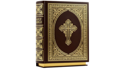 Ornate Holy Bible with Golden Cross and Intricate Design on White Background.