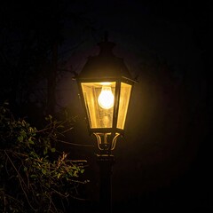 A lit, ornate lamp post glows against a dark, night-time backdrop