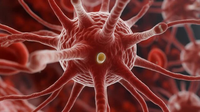 Magnified 3D rendering of a Podocyte cell, showcasing its complex, branching structure and intricate pedicels critical for kidney filtration