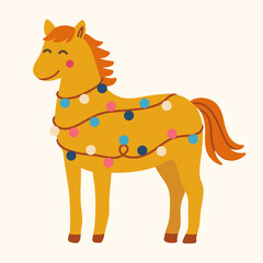 Cute flat Christmas horse with colorful festive lights