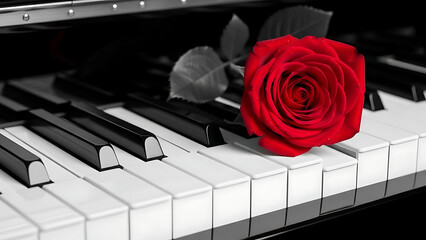 Close-up of a beautiful red rose with dewdrops on classic black and white piano keys, symbolizing romance and melody.