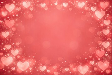 Background with a red heart frame, softly glowing hearts, copy space. Valentine's Day Background, holiday
