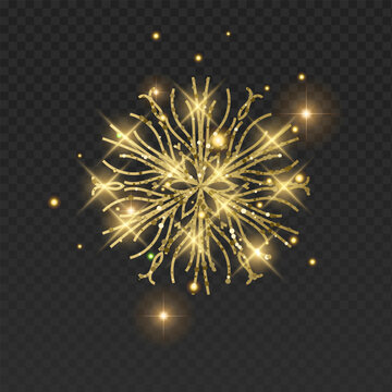 Ornate golden vector snowflake with a luxurious glitter texture and elegant filigree patterns. This detailed winter crystal is decorated with glowing sparks, bright lens flares, and magical golden dus