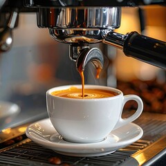 Espresso machine dispensing into white cup; warm colors, close-up shot