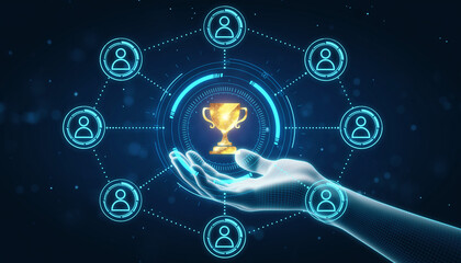 The Future of Success: A digital hand cradles a shining trophy, encircled by interconnected user profiles, illustrating the concept of collaborative achievement and technological innovation.