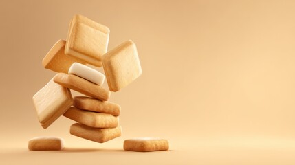 Crispy golden toast biscuits flying and stacked