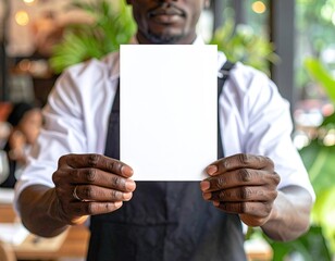A waiter holds up a blank paper in a restaurant setting