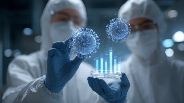 Scientists analyzing digital virus model in lab environment - Powered by Adobe