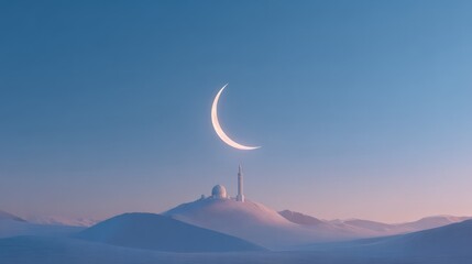 Peaceful crescent moon over mosque at dusk
