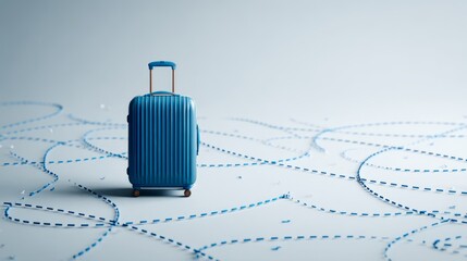suitcase standing on a white surface, surrounded by swirling dashed lines representing travel routes and exploration.