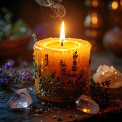 Lit candle with herbs, crystals, and smoke, warm lighting, dark background