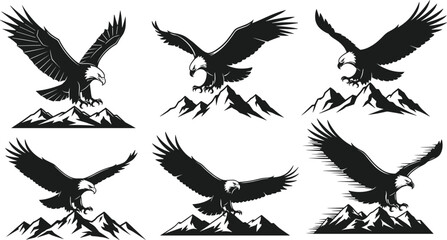Obraz premium Flying eagle silhouettes over mountains, powerful bald eagle vector collection, black bird illustration isolated on white background