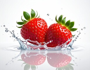 Two vibrant strawberries, water splash, droplets, white background, reflection