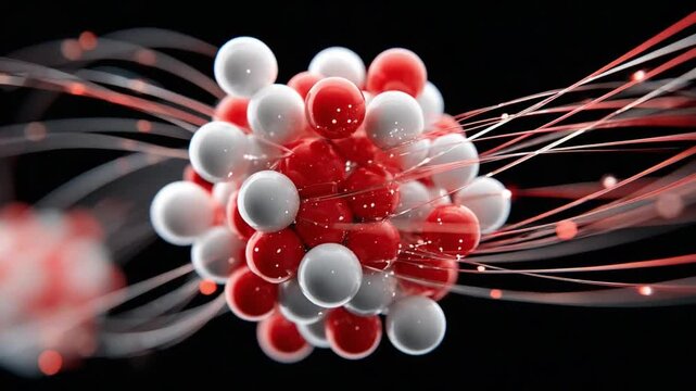 Atoms Cluster Visualization: Abstract conceptualization of an atom, with its vibrant red and white spheres and energetic streams, set against a dark backdrop.