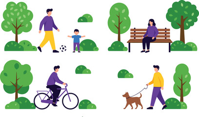 Fototapeta premium Vector illustration of people in park, family outdoor activities, walking dog, riding bicycle, playing football, relaxing on bench, green nature scene
