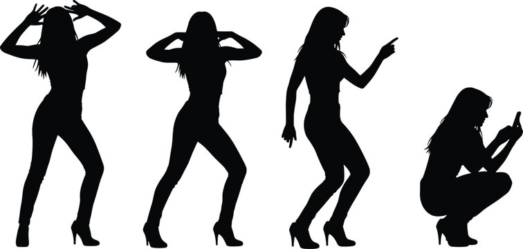 Vector Silhouette of Woman in Various Poses, Dancing, Pointing, and Using Phone, Female Figure Illustration for Fashion, Lifestyle, or Social Media Content