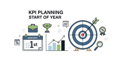 Annual KPI Planning Concept with Bullseye Target, Performance Growth Charts, and January Calendar Icons