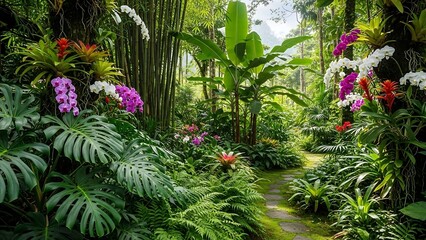 Tropical Rainforest with Vibrant Flowers and Lush Greenery.