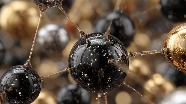 Intricate Molecular Structures Showcasing a Detailed Array of Black, Gold, and Silver Spheres Bound by Thin Connections in a Dynamic 3D Environment.