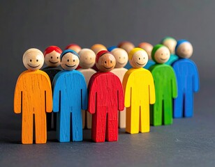 Colorful wooden figures of various skin tones smiling together on gray backdrop