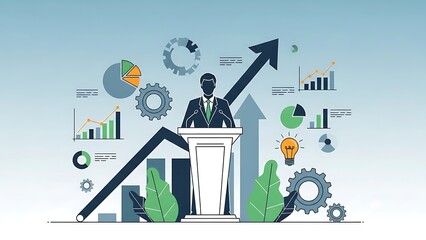Business Leadership Concept with Executive Speaking at Podium Featuring Growth Charts, Financial Analytics, and Innovation Icons