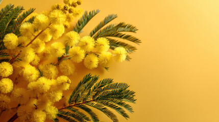Yellow Mimosa Flowers with Copy Space on Pastel Yellow Background