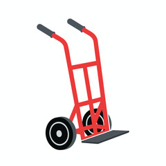 A simple red hand truck with black handles, wheels, and a load platform