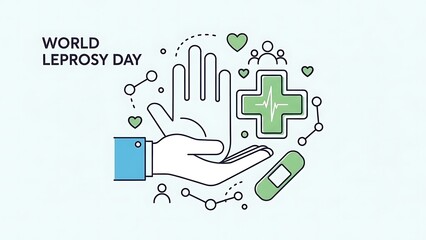 World Leprosy Day Medical Concept with Helping Hand, Healthcare Heart Icons, and Cross Symbol in Flat Line Style