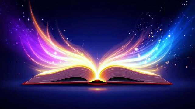Vibrant open book with glowing colorful lights emanating from pages in dark blue background