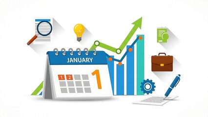 Business Growth and New Year Planning Concept with January 1st Calendar, Rising Success Chart, and Office Stationery