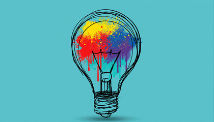 Light bulb design with colorful paint splashes on a blue background showcasing creativity and innovation in art