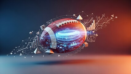 Futuristic digital american football with glowing stadium and abstract data analytics elements radiating energy and light flow on a gradient background