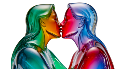 A stunning modern art sculpture featuring two female profiles in a passionate kiss, crafted from translucent multicolored glass (green, gold, pink, blue). The fluid, smooth lines and the play of light
