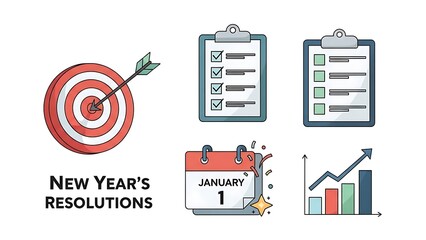 New Year's Resolutions Concept with Goal Setting Bullseye Target, Checklist Clipboards, and January 1st Calendar