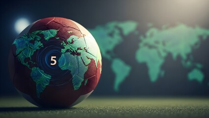 Digital globe soccer ball with glowing world map overlay, set against an abstract blurred futuristic global backdrop.