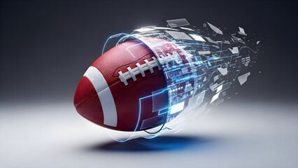 Abstract digital energy and glowing lines surround a american football ball, creating a futuristic motion blur effect on a dark background