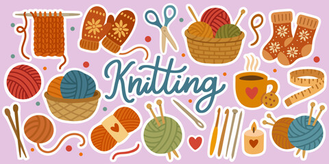 Knitting sticker set with cute yarn and tools.