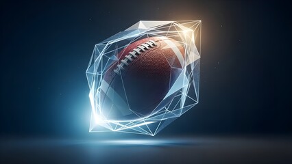 Abstract digital light flow illuminates an american football within a glowing geometric crystal on a dark gradient background