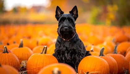 Scottish Terrier Dog Posing in a Pumpkin Patch.