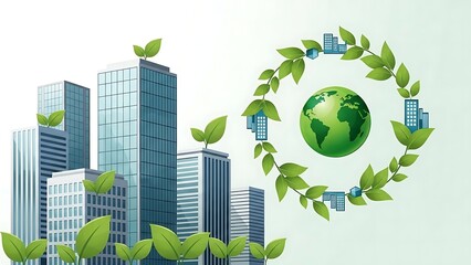Sustainable Green City Concept with Eco-Friendly Buildings, Earth Globe, and Foliage for Environmental Conservation