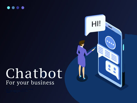 Isometric illustration showcasing a woman interacting with a chatbot on a smartphone