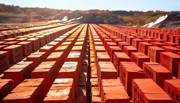 Rows of sun-dried clay bricks laid out on a field for construction material processing building blocks,.