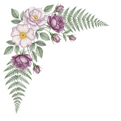Soft elegant watercolor corner composition featuring wild roses and fern in mauve tones isolated on white background.png